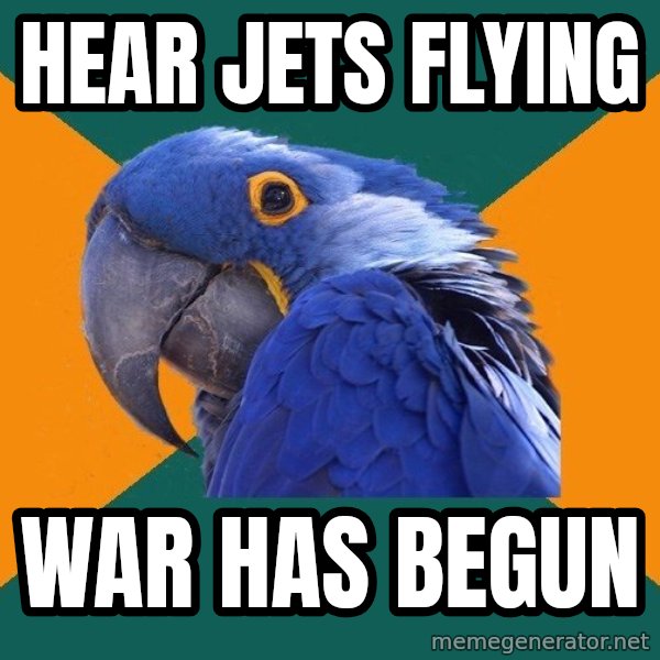 Paranoid Parrot meme: Hear jets flying / War has begun
