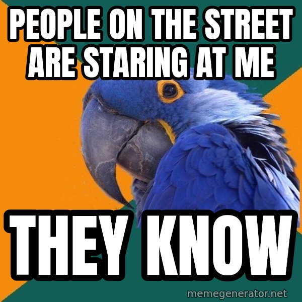 Paranoid Parrot meme: People on the street are staring at me / they know