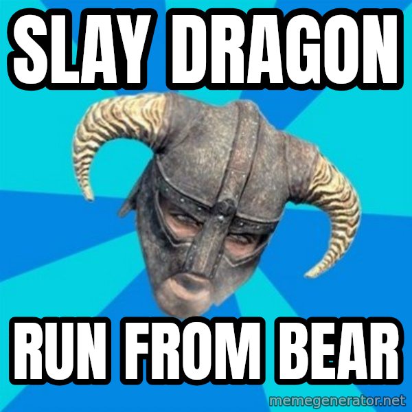 skyrim stan meme: Slay dragon / run from bear
