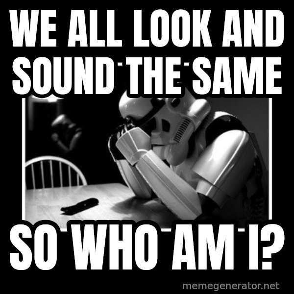 Sad Trooper meme: we all look and sound the same / so who am i?