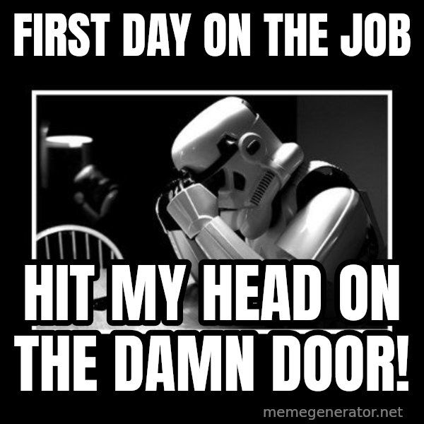 Sad Trooper meme: first day on the job / hit my head on the damn door!