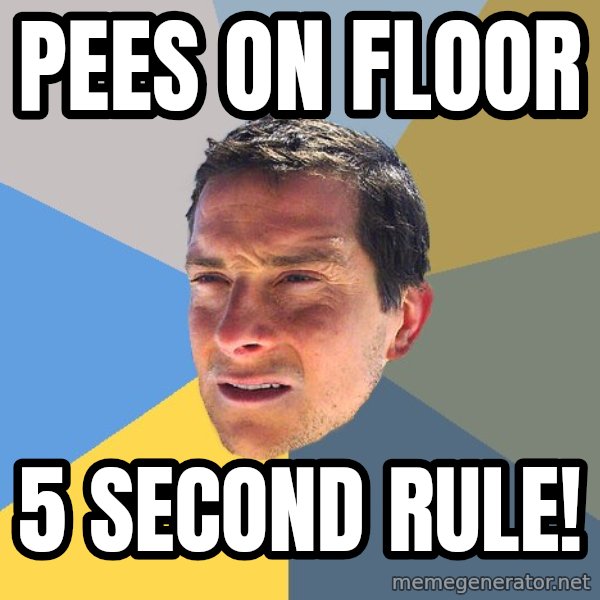 Bear Grylls meme: pees on floor / 5 second rule!