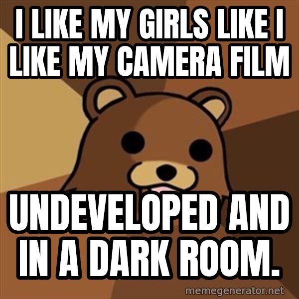 Pedobear meme: I like my girls like i like my camera film / undeveloped and in a dark room.