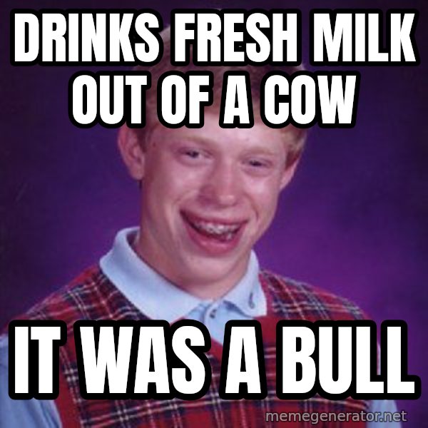 Bad Luck Brian meme: Drinks fresh milk out of a cow / it was a bull