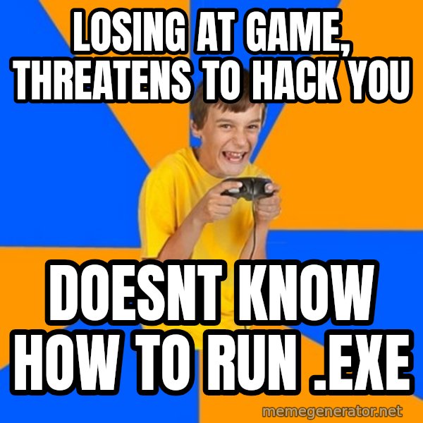 Annoying Gamer Kid meme: Losing at game, threatens to hack you / doesnt know how to run .exe