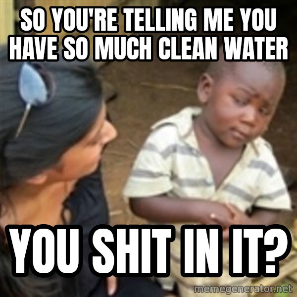 Skeptical 3rd World Kid meme: So you're telling me you have so much clean water / You shit in it?