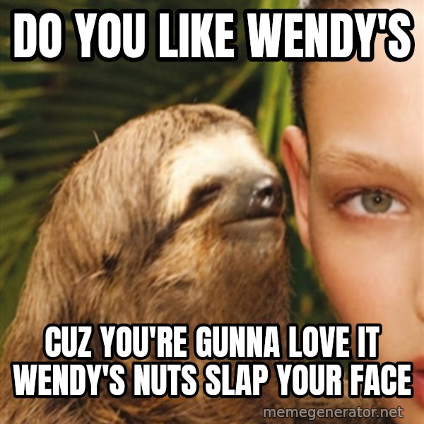 The Rape Sloth meme: Do you like wEndy's / CuZ you're gunna love it wEndy's nuts slaP your Face