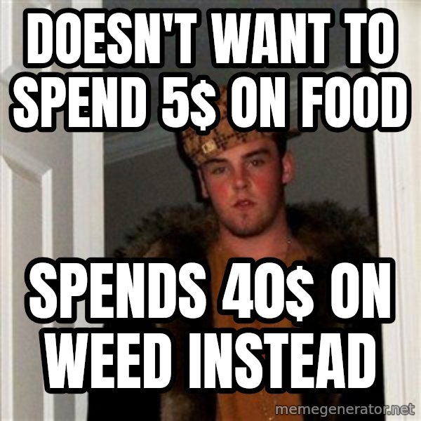 Scumbag Steve meme: Doesn't want to spend 5$ on food / Spends 40$ on weed instead