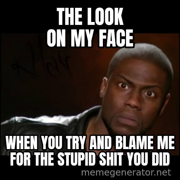 Kevin Hart Wait meme: The look on my face / when you try and blame me for the stupid shit you did